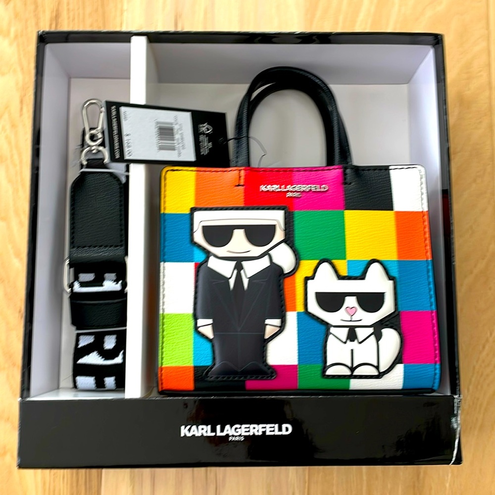KARL LAGERFELD PARIS Multi Color Maybelle Crossbody Purse Karl/Cat w/ Strap NEW